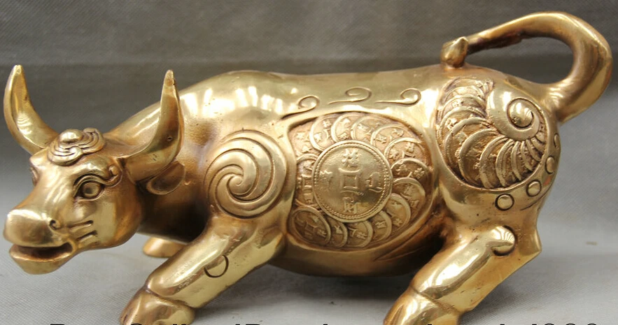

JP S61 12" China Chinese Brass Folk animal money Zodiac Year Bull Oxen Statue Feng Shui