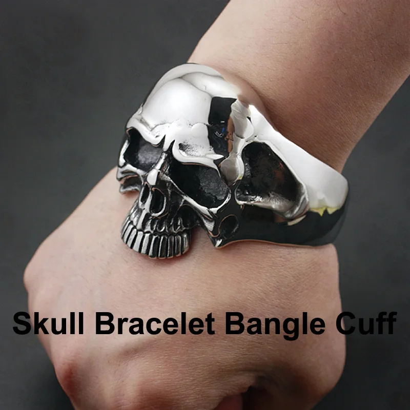 

Punk Fashion Men Open Bangles Solid 316L Stainless Steel Cool Men's Biker Huge Heavy Retro Skull Cuff Bracelet 5J022