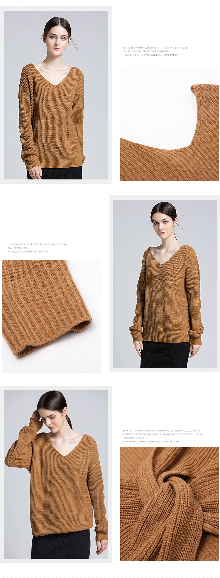 European and American women's spring and autumn and winter new solid color V-neck pullover sweater sexy leak-back sweater (1)