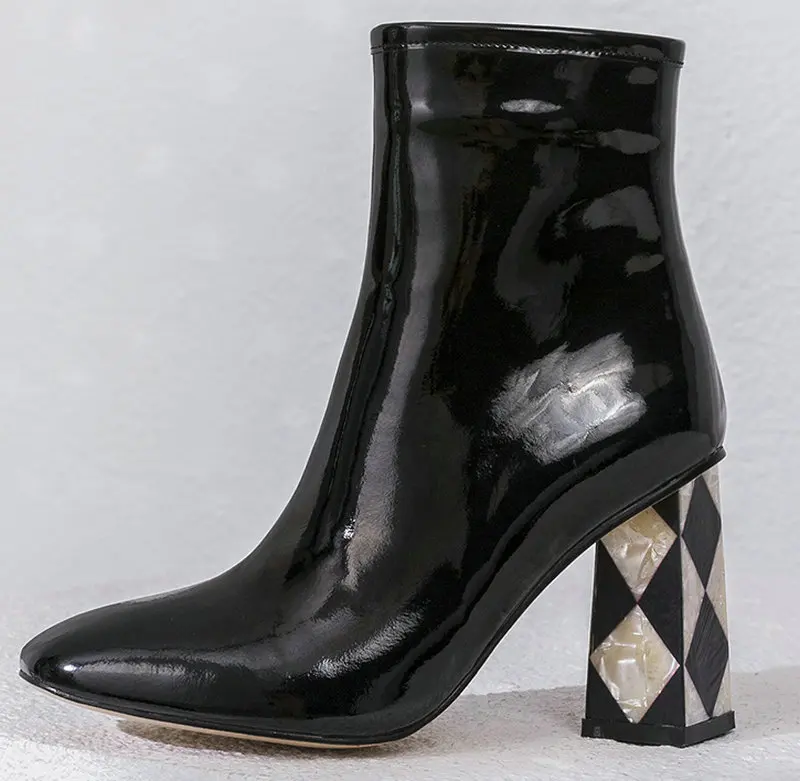 Genuine Leather Mirror Ankle Boots Women Fashion Square High Heel Shoes Ladies Black Wedding Shoes Woman Sexy Short Boots 
Genuine Leather Mirror Ankle Boots Women Fashion Square High Heel Shoes Ladies Black Wedding Shoes Woman Sexy Short Boots