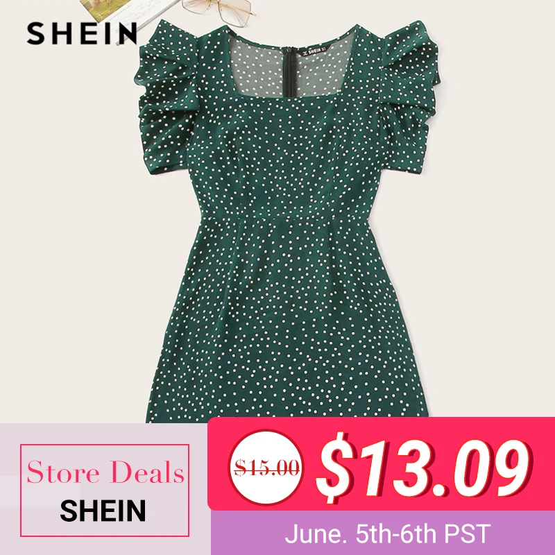 

SHEIN Bohemian Green Gathered Sleeve Polka Dot Sheath Dress 2019 Summer Women Square Neck Slim Puff Sleeve Short Dresses