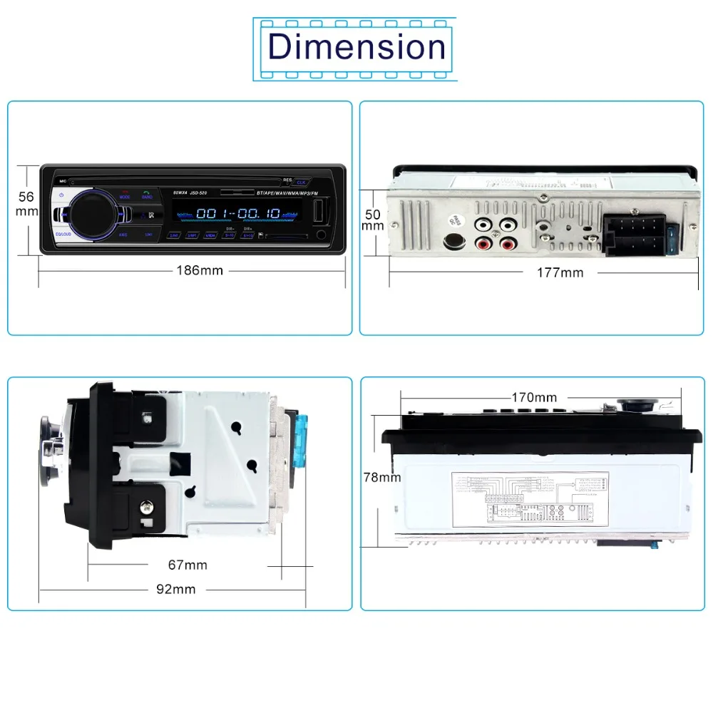 Bluetooth V2.0 JSD 520 oto teypleri Авто Стерео Автомагнитола 1din 12V In dash 1 Din FM Aux SD USB MP3