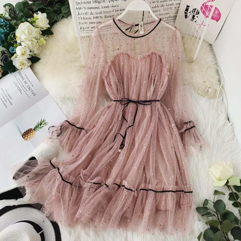 new Mesh Dress Ruffled Collar Long Sleeves High Waist Sequins Princess Dresses Pure Color Midi Party Dresses Holiday Vestidos
new Mesh Dress Ruffled Collar Long Sleeves High Waist Sequins Princess Dresses Pure Color Midi Party Dresses Holiday Vestidos