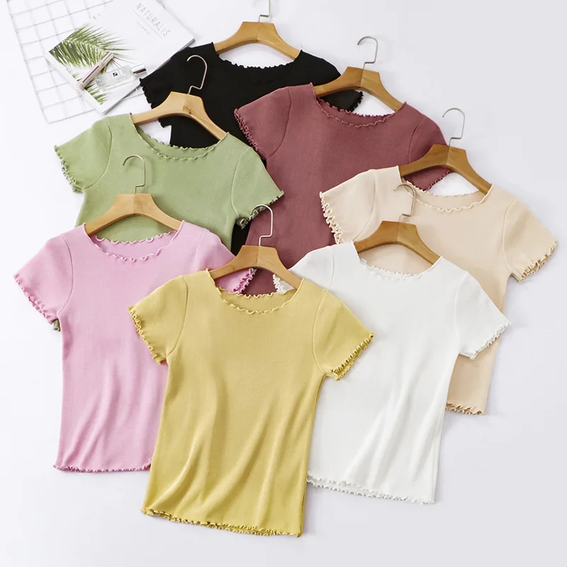 Summer New Womens Ice Silk Candy Color Knit Shirt Female Slim Ruffles Sweater and Pullovers Short Sleeve Round Neck Tees Shirt
Summer New Womens Ice Silk Candy Color Knit Shirt Female Slim Ruffles Sweater and Pullovers Short Sleeve Round Neck Tees Shirt