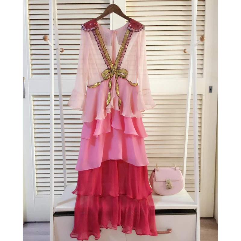 Elegant 2018 Summer Runway Sequins Patchwork Sexy V-neck Gradient Dress Vestidos Women Flare Sleeve Long Cake Dresses JC2307
Elegant 2018 Summer Runway Sequins Patchwork Sexy V-neck Gradient Dress Vestidos Women Flare Sleeve Long Cake Dresses JC2307