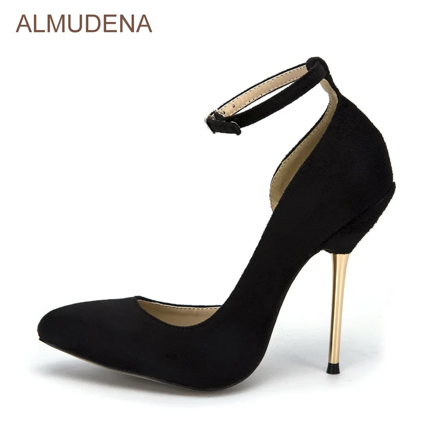 

ALMUDENA Hot Selling Black Suede High Heel Pumps Stiletto Gold Heels Sexy Shoes Nightclub Ankle Strap Metal Heels Dropship