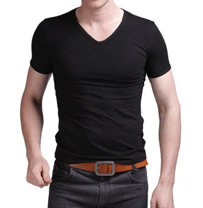 MYDBSH Elastic Cotton Mens T Shirts Big size Fitness Men T-Shirt Homme Fashion V Neck Short Sleeve Solid Color 2024 Casual Tees