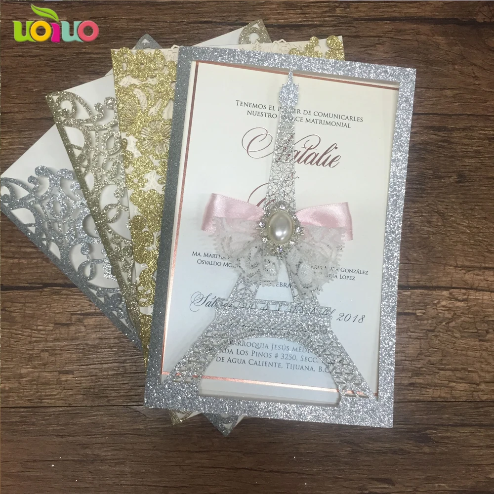 

DIY 25set Tower inc172 laser cut wedding invitation card glitter silver, lanvender bow,flower brooch,print card,envelope