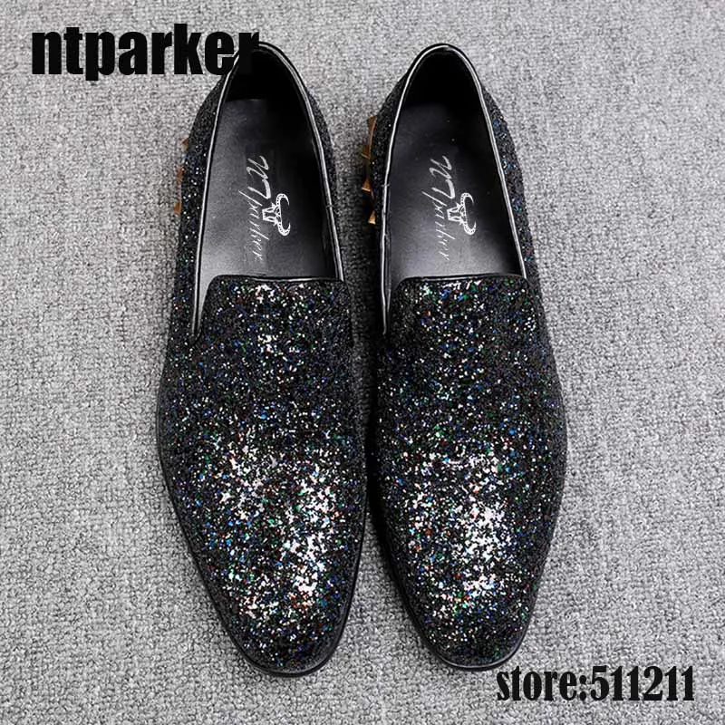 

ntparker Italian Style Leather Shoes Round Toe Flat Dress Shoes Sapatos Homens Black Bling Wedding and Party Shoes, ize 38-46