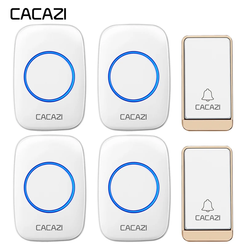 

CACAZI Self-powered Wireless Doorbell Waterproof No battery 200M Remote LED light Cordless DoorBell 2 Button 4 Receiver EU Plug