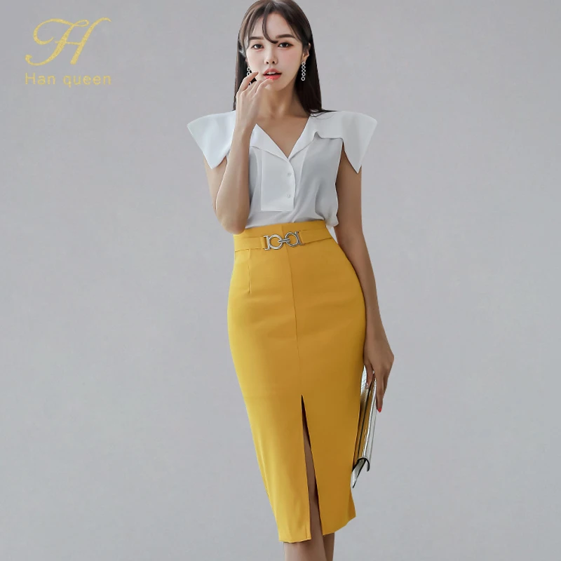 H Han Queen Women 2019 Summer Korean Style 2 Pieces Suits OL Work Wear Set Elegant Turn-down Collar Shirts & Split Pencil Skirts
H Han Queen Women 2019 Summer Korean Style 2 Pieces Suits OL Work Wear Set Elegant Turn-down Collar Shirts & Split Pencil Skirts