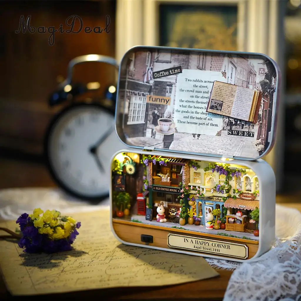 1Set DIY Handicraft Tin Box Wood Miniature Dollhouse Theatre Series for Room Home Desk Decor Novelty Friends Birthday Gift