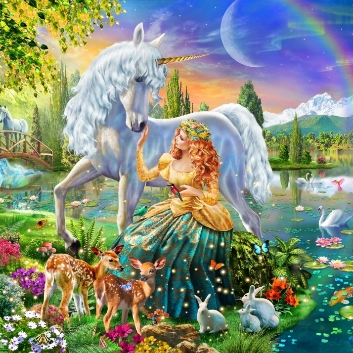 Princess and Unicorn Twilight (Variant 2) Poster Print by Adrian Chesterman (18 x 9)
