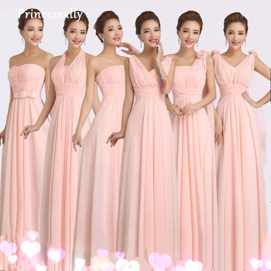 

Peachy Pink Bridesmaid Dress Long Chiffon Cheap Winter Wedding Party Prom Dresses Vestido De Festa De Casamento Dama De Honra