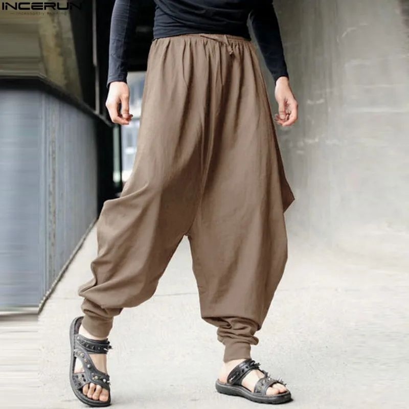 

Men Women Japanese Samurai Style Casual Low Drop Crotch Loose Fit Harem Baggy Hakama Capri Cropped Linen Pants Trousers 5XL