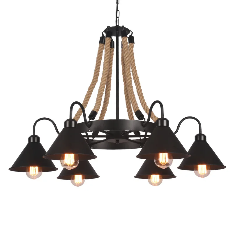 Industrial Retro Loft Wrought Iron Black Painted Hemp Rope Pendant Light with Edison Bulbs E27 for Bar Cafe Dining Room | Освещение