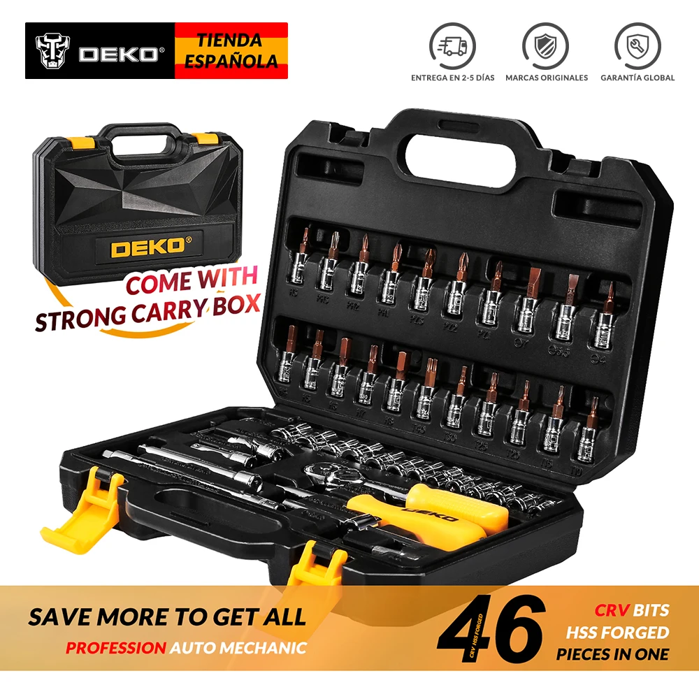 DEKO 46Pcs Hand Tool Set General Household Hand Tool Kit with Plastic Toolbox Storage Case Wrench Screwdriver Socket
DEKO 46Pcs Hand Tool Set General Household Hand Tool Kit with Plastic Toolbox Storage Case Wrench Screwdriver Socket