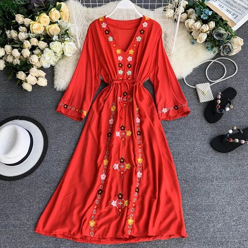 2019 Chiffon Ethnic flower embroidered dress Female High waist Loose Boho Maxi Dress Vestidos cc399
2019 Chiffon Ethnic flower embroidered dress Female High waist Loose Boho Maxi Dress Vestidos cc399