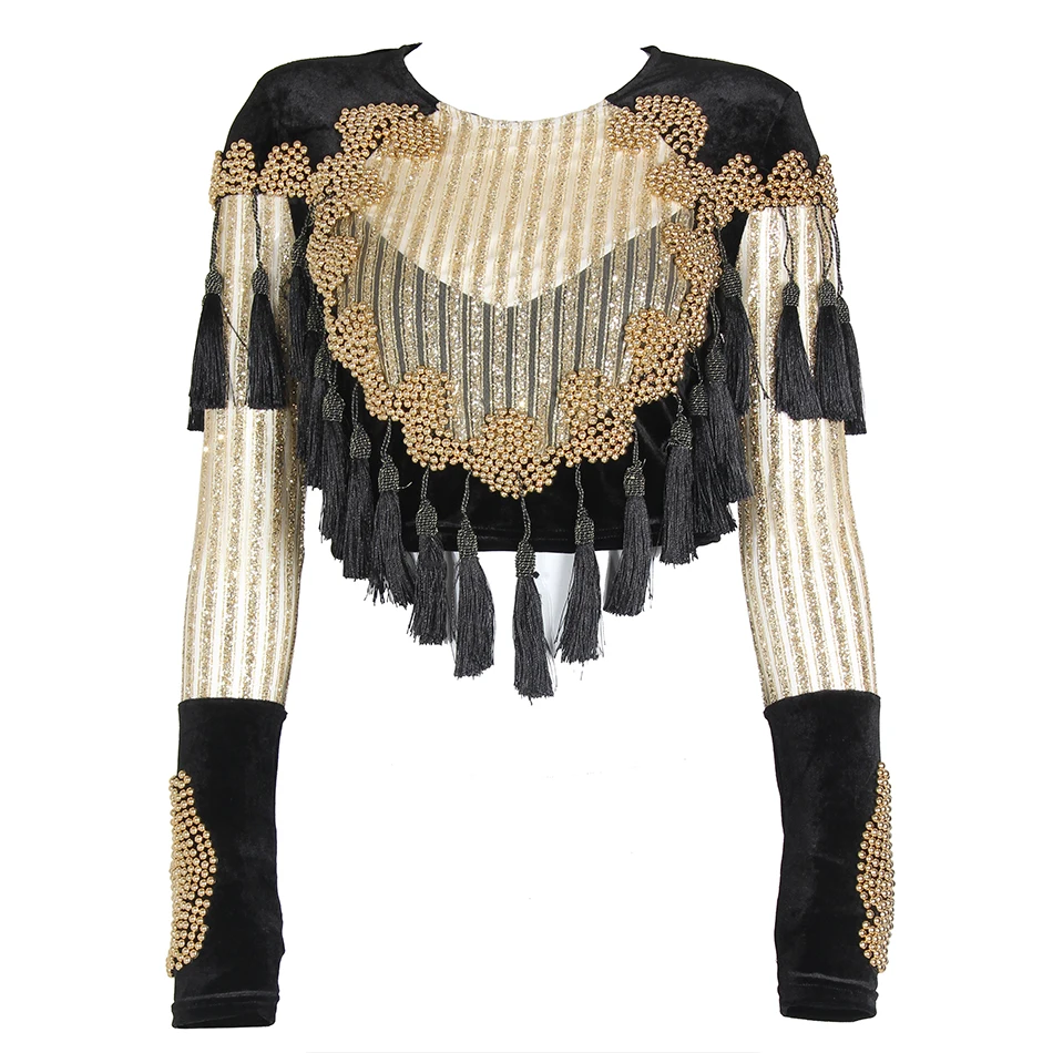 2019 Chic Celebrity Runway Velvet Jacket O neck Black Gold Beading mesh sequins Tassels Long Sleeve Sexy jacket Vestidos
2019 Chic Celebrity Runway Velvet Jacket O neck Black Gold Beading mesh sequins Tassels Long Sleeve Sexy jacket Vestidos
