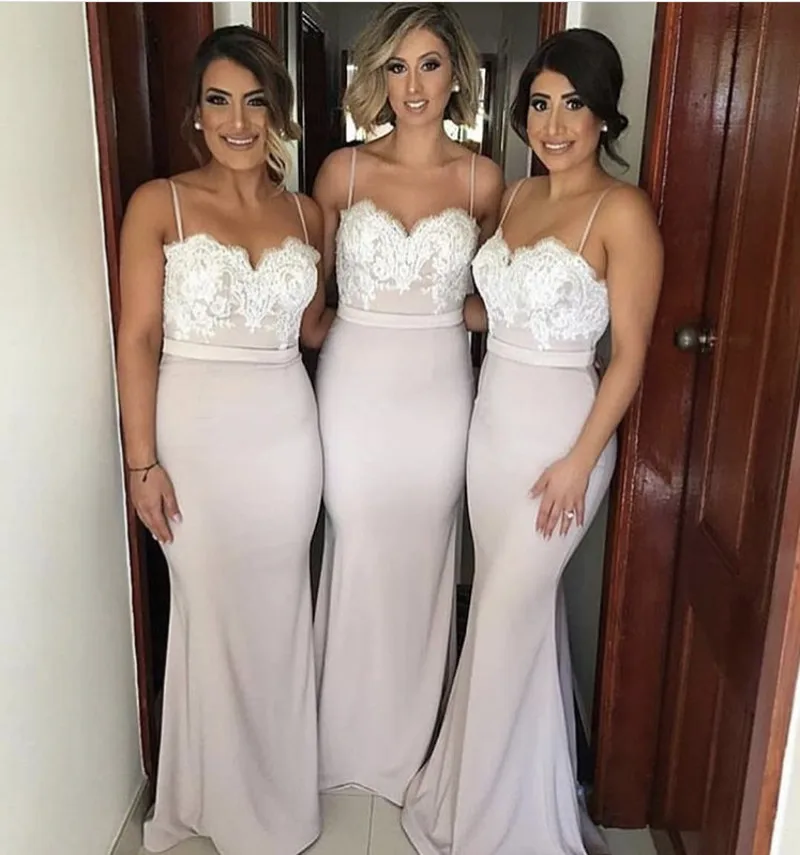 New Spaghetti Straps Bridesmaid Gowns Peach/Ivory/Champagne/Silver/Coral/Burgundy/Pink Lace Applique Mermaid Bridesmaid Dresses
New Spaghetti Straps Bridesmaid Gowns Peach/Ivory/Champagne/Silver/Coral/Burgundy/Pink Lace Applique Mermaid Bridesmaid Dresses
