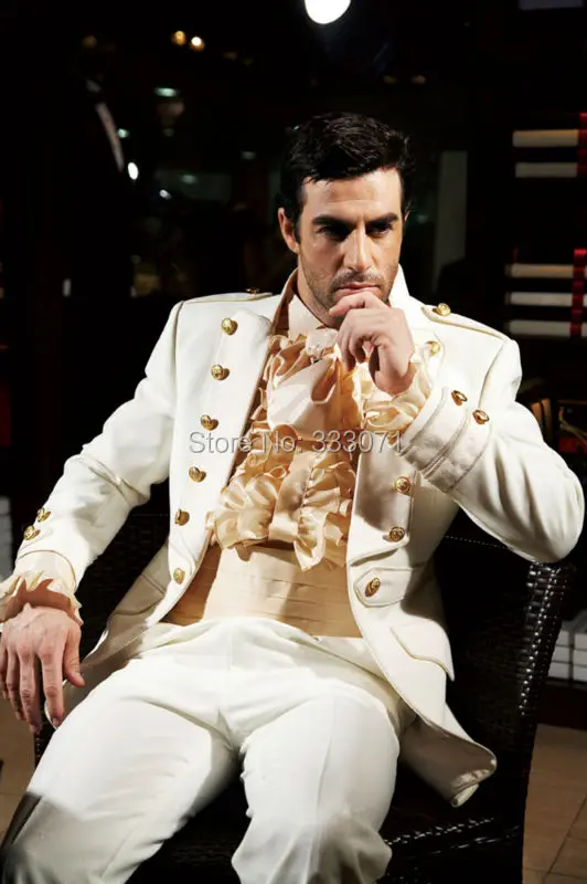 Tailor Made Retro Palace Beige Black Groom Tuxedos Best Man Suits Groomsman Bridegroom Wedding Party Suit(Jacket+Pants+Girdle) | Мужская