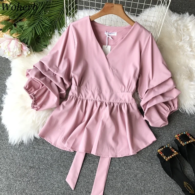 Woherb Summer Solid V-neck Blouse Women Elegant Ruffle Shirt Slim Waist Bandage Blusas 2019 Korean Ladies Tops Camisas Mujer
Woherb Summer Solid V-neck Blouse Women Elegant Ruffle Shirt Slim Waist Bandage Blusas 2019 Korean Ladies Tops Camisas Mujer