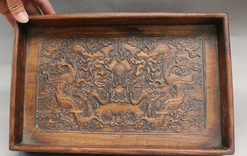 Folk Chinese Dynasty Palace Huang Hua LI Wood Carved Dragons Pallet Tray Salver
Folk Chinese Dynasty Palace Huang Hua LI Wood Carved Dragons Pallet Tray Salver