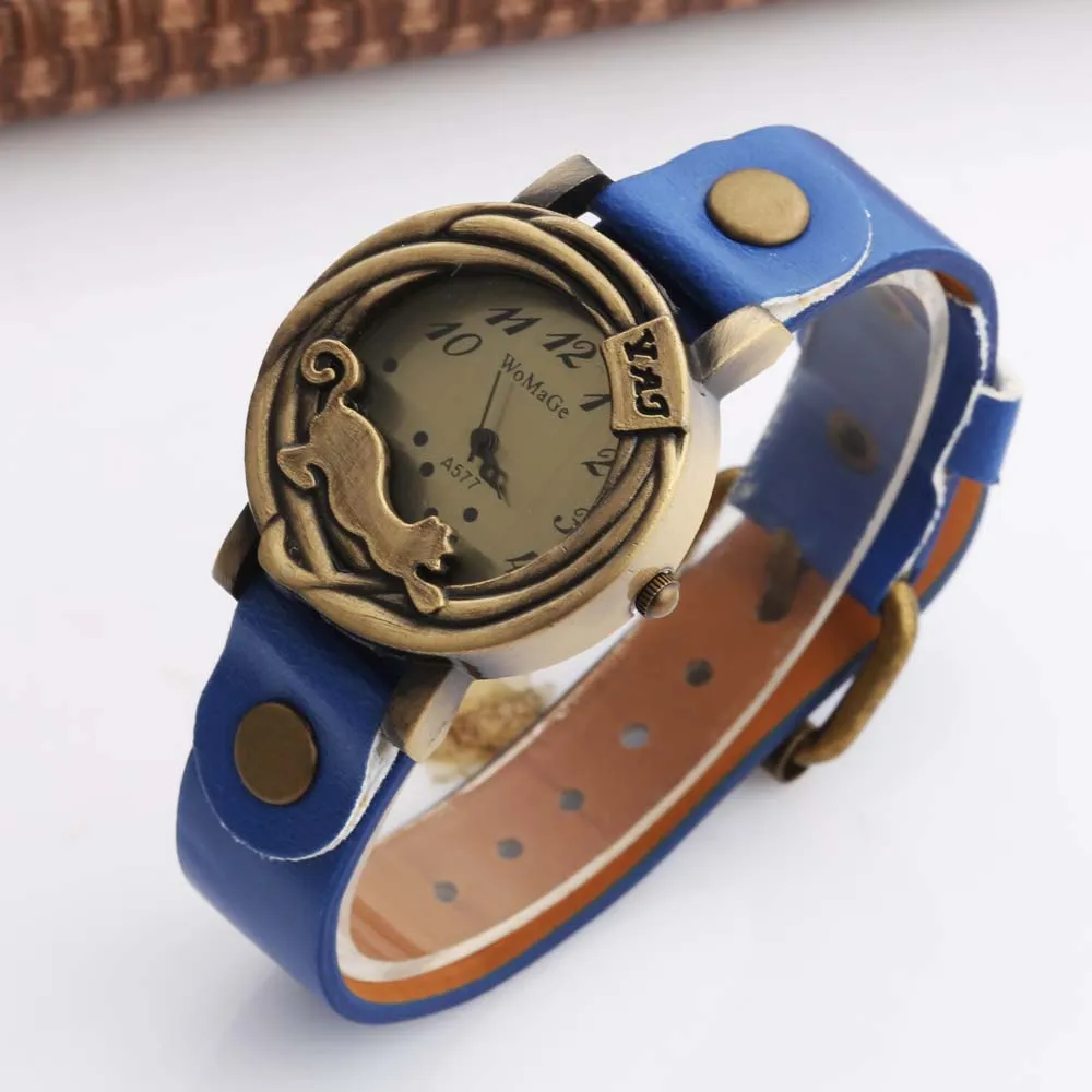 

WOMAGE Women Watches Fashion Vintage Watch Blue Leather Band Women's Watches Quartz Leopard Watch dames horloges montre femme