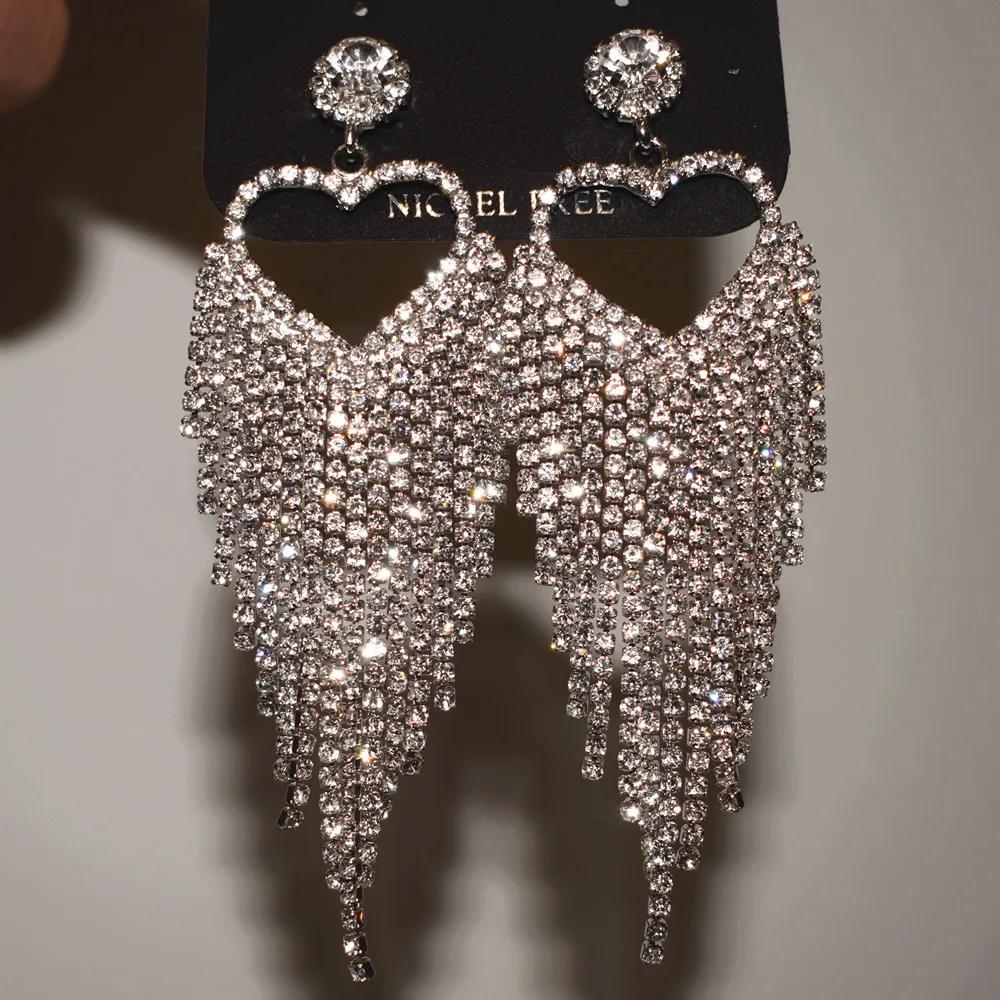Super Bling Rhinestone Heart Charms Chain Tassel Earrings For Women Accessories Fashion Bridal Wedding Dangle Earrings Jewelry
Super Bling Rhinestone Heart Charms Chain Tassel Earrings For Women Accessories Fashion Bridal Wedding Dangle Earrings Jewelry