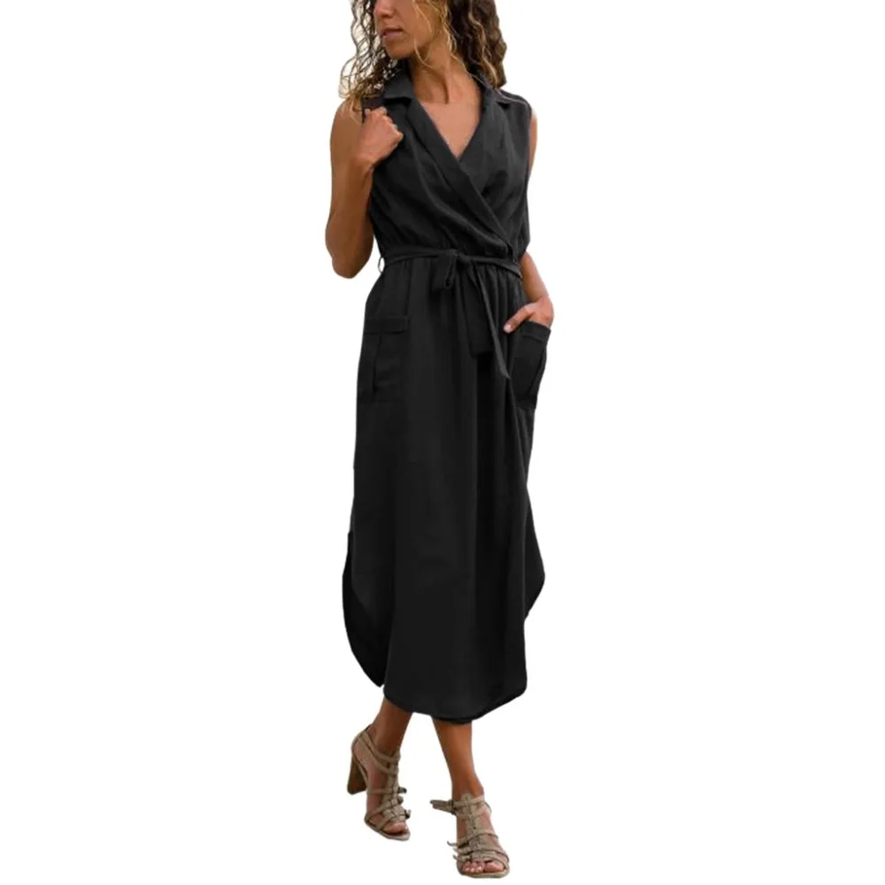 Summer Women Loose Dress Ladies Sleeveless Solid Pockets V Neck Turn Down Collar Tie up Robes Long Dress vestidos femininos BB4
Summer Women Loose Dress Ladies Sleeveless Solid Pockets V Neck Turn Down Collar Tie up Robes Long Dress vestidos femininos BB4