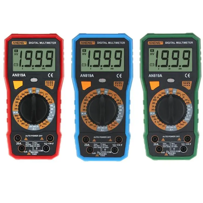 AN819A Digital Multimeter AC/DC Voltage Current Tester Ammeter Voltmeter with Crocodile Clips Electrical Instruments 3 Colors
AN819A Digital Multimeter AC/DC Voltage Current Tester Ammeter Voltmeter with Crocodile Clips Electrical Instruments 3 Colors
