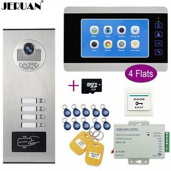 

JERUAN Apartment 7`` LCD Video Doorbell Door Phone Video/Voice Record Intercom system Kit HD RFID Access Camera For 4 Households