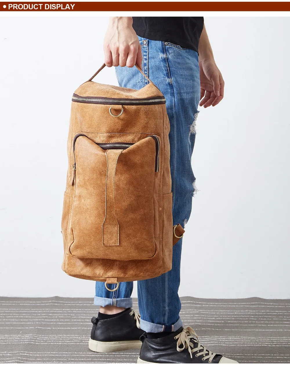 Product Display of Woosir Genuine Leather Cylindrical Backpack