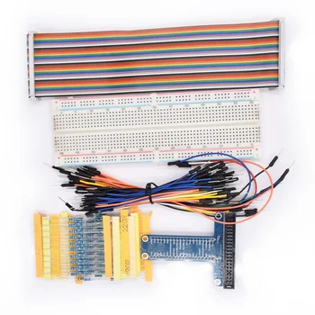 

2019 New 830 Tie-points breadboard+65pcs Jumper Wire+GPIO T Type Expansion Board +40pin Rainbow Cable+100 pcs Resistance for PI3