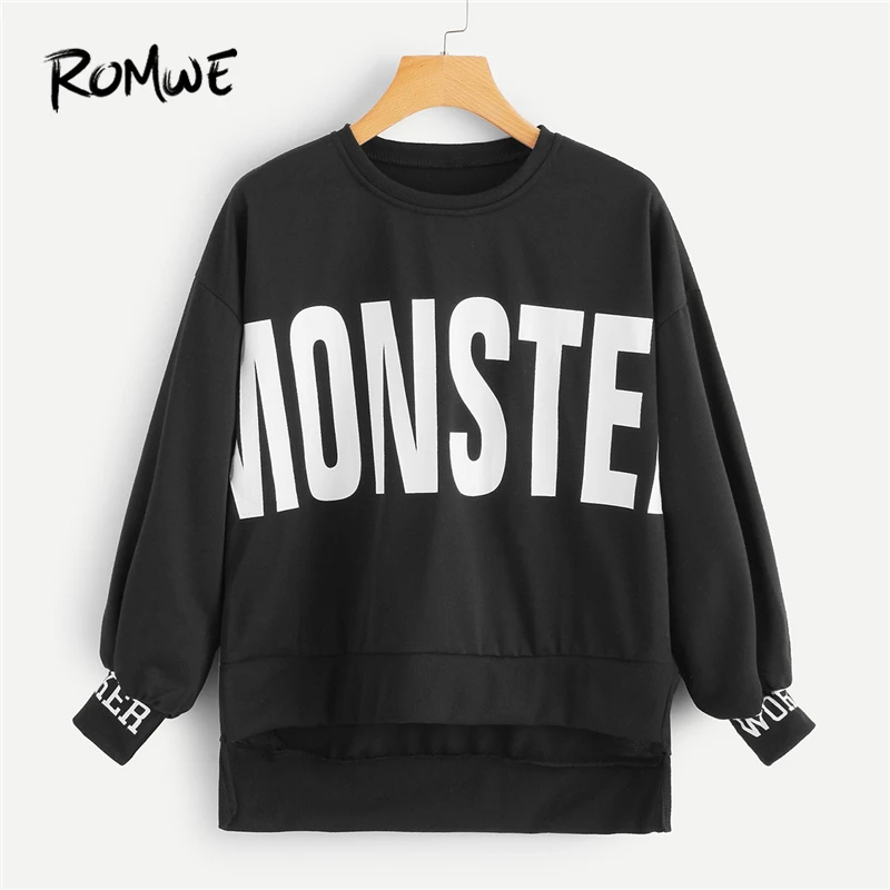 ROMWE Black Letter Print Bishop Sleeve Sweatshirt Women Casual Autumn Clothing Tops Spring Long Sleeve Asymmetrical Pullovers
ROMWE Black Letter Print Bishop Sleeve Sweatshirt Women Casual Autumn Clothing Tops Spring Long Sleeve Asymmetrical Pullovers