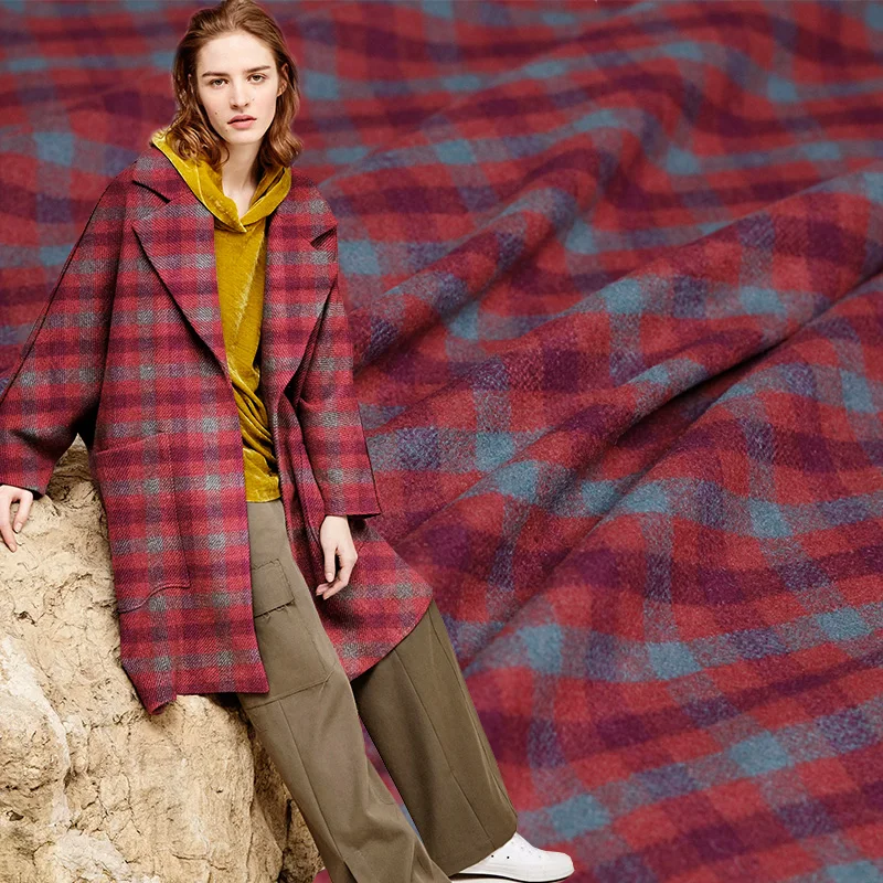 

Pearlsilk Red Plaid Yarn Dyed Wollen Wool and Polyester garment materials Autumn Jacket Coat DIY clothes fabrics