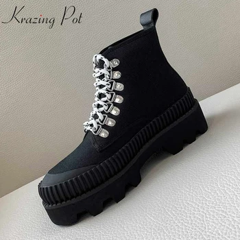 krazing pot Winter round toe cow suede lace up thick bottom metal rivets Korean version streetwear high fashion ankle boots l69 
krazing pot Winter round toe cow suede lace up thick bottom metal rivets Korean version streetwear high fashion ankle boots l69