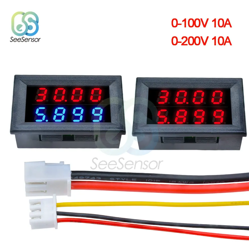 1 шт. 0 28 'Ɔ дюймов DC 100V 200V 10A Вольтметр Амперметр красный + синий/красный