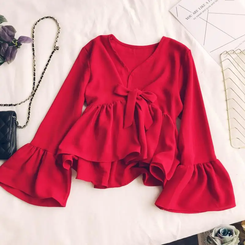 2018 autumn new female V-neck trumpet sleeves lace-up bow lotus leaf chiffon shirts women's solid color elegant blouses shirt
2018 autumn new female V-neck trumpet sleeves lace-up bow lotus leaf chiffon shirts women's solid color elegant blouses shirt
