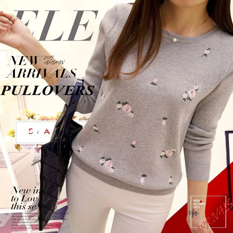 Autumn and Winter 2017 Wome's New Korean Style Plum Floral Knitted Embroidery Long Sleeved Pullovers Bottoming Sweaters | Женская