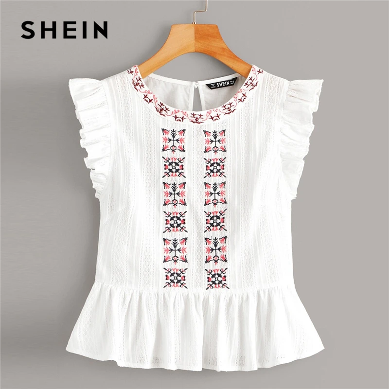 

SHEIN Boho Cute White Embroidered Ruffle Armhole Peplum Top Women Summer Blouses Keyhole Back Sleeveless Womens Tops and Blouses