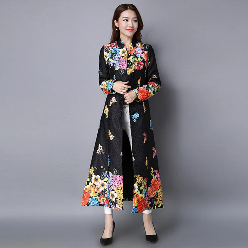 

Long sleeve cardigan national wind of new fund of 2019 spring dress retro printing long coat female literary cotton buttons