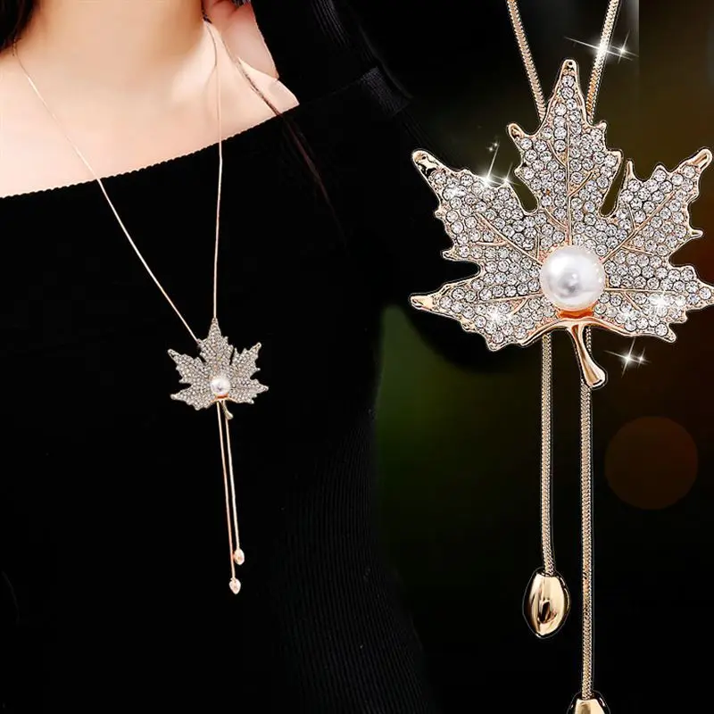 Фото DuoTang горный хрусталь кулон кленовый лист ожерелье Мода Металл Золотой цвет