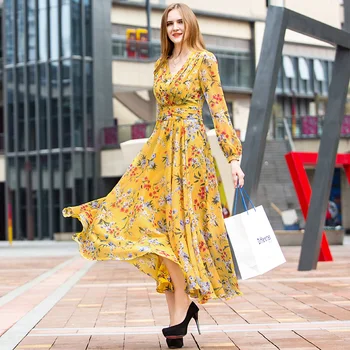 Spring Summer Chiffon Printed Floral Full Length Dress Yellow V neck Party Night Long Dress Elegant Ladies Evening Clothing 6648
Spring Summer Chiffon Printed Floral Full Length Dress Yellow V neck Party Night Long Dress Elegant Ladies Evening Clothing 6648