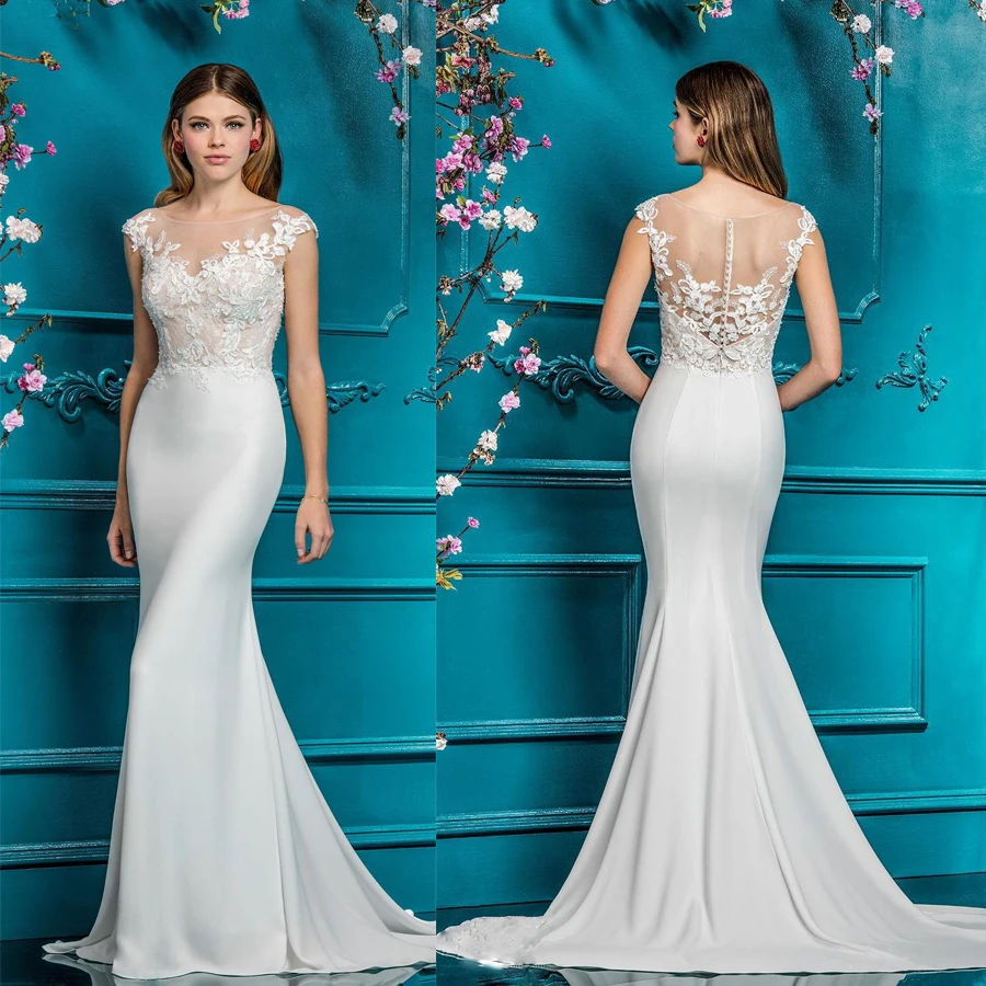Scoop Neckline Cap Sleeves Mermaid Wedding Dresses Sheer Neck Lace Appliques Illusion Bodices Bridal Gowns Vestios De Novia
Scoop Neckline Cap Sleeves Mermaid Wedding Dresses Sheer Neck Lace Appliques Illusion Bodices Bridal Gowns Vestios De Novia