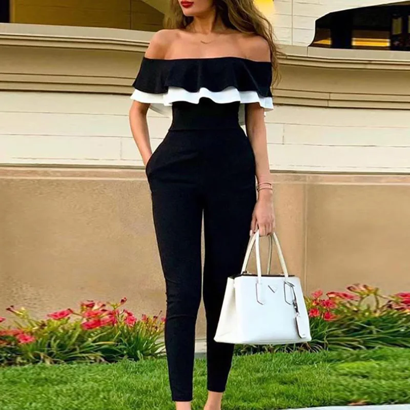 Pachwork Color Off Shoulder Colorblock Ruffles Bodycon Jumpsuit Skinny Streetwear Fashion New Trends Slim Fit Black Jumpsuits
Pachwork Color Off Shoulder Colorblock Ruffles Bodycon Jumpsuit Skinny Streetwear Fashion New Trends Slim Fit Black Jumpsuits