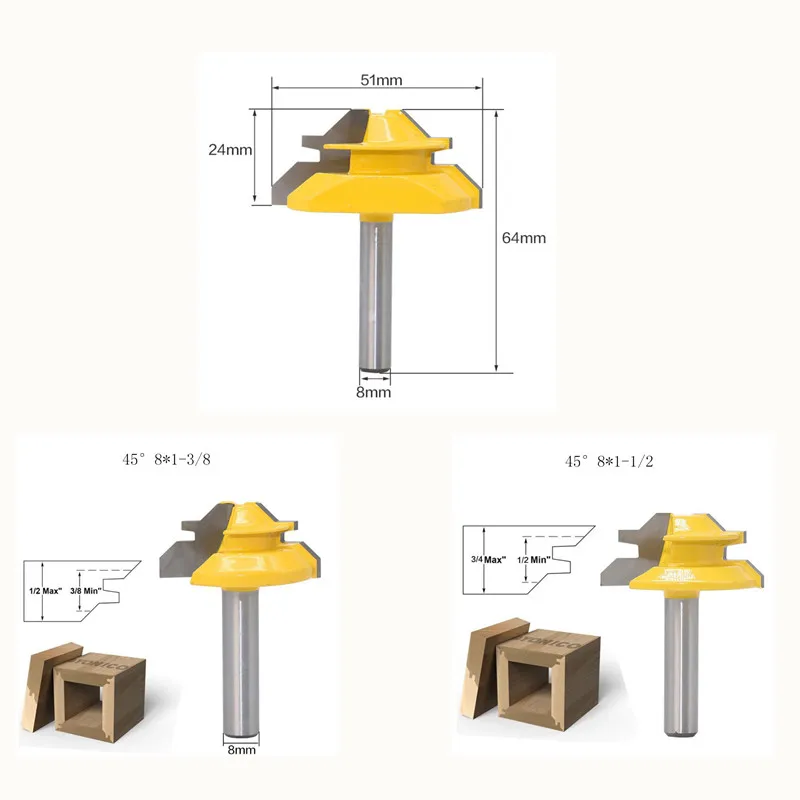8*2,8*1-1/2 and 8*1-3/8 Shank Lock Miter Router Bit 45 Degree Woodworking Tenon Milling Cutter Tool Drilling Milling For Wood
8*2,8*1-1/2 and 8*1-3/8 Shank Lock Miter Router Bit 45 Degree Woodworking Tenon Milling Cutter Tool Drilling Milling For Wood