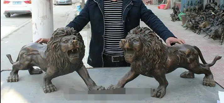 free 36" Huge Chinese Bronze Copper Palace Guard Ferocity Wild Lion Leo Statue fast