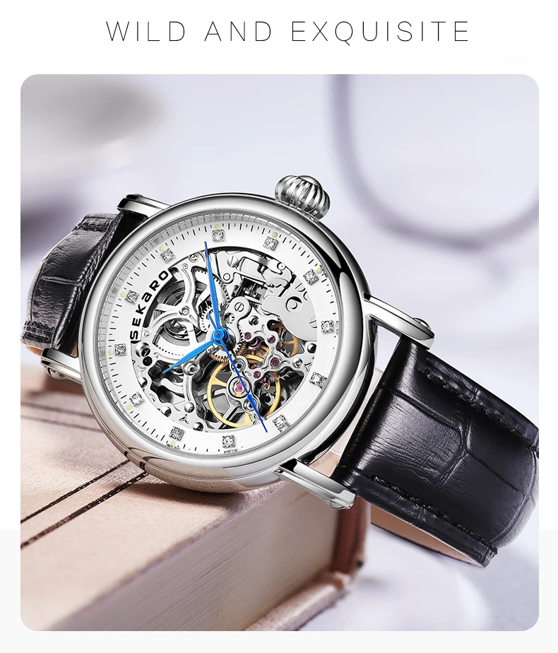 SEKARO Brand Women Mechanical Watches Diamond Ladies hand-winding Wristwatches Leather Fashion Skeleton Dial Gift for Female
