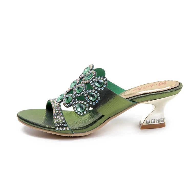 2016 New Diamond Sandals Green Cheap Chunky High Heels Best Luxury Casual Shoes Ladies Leather Slippers12